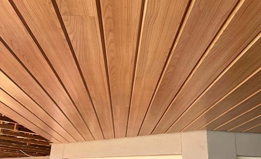 Woodgrain aluminium soffit panels under a roof overhang
