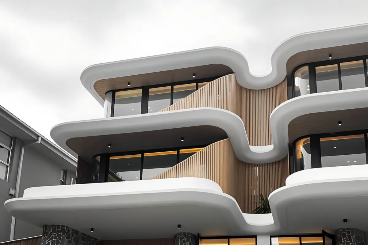 Curved white apartment facade with woodgrain aluminium battens and stone columns